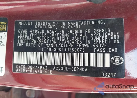 2004 Toyota Camry Le/Xle/Se from USA, damaged, VIN 4T1BE30K44U350075